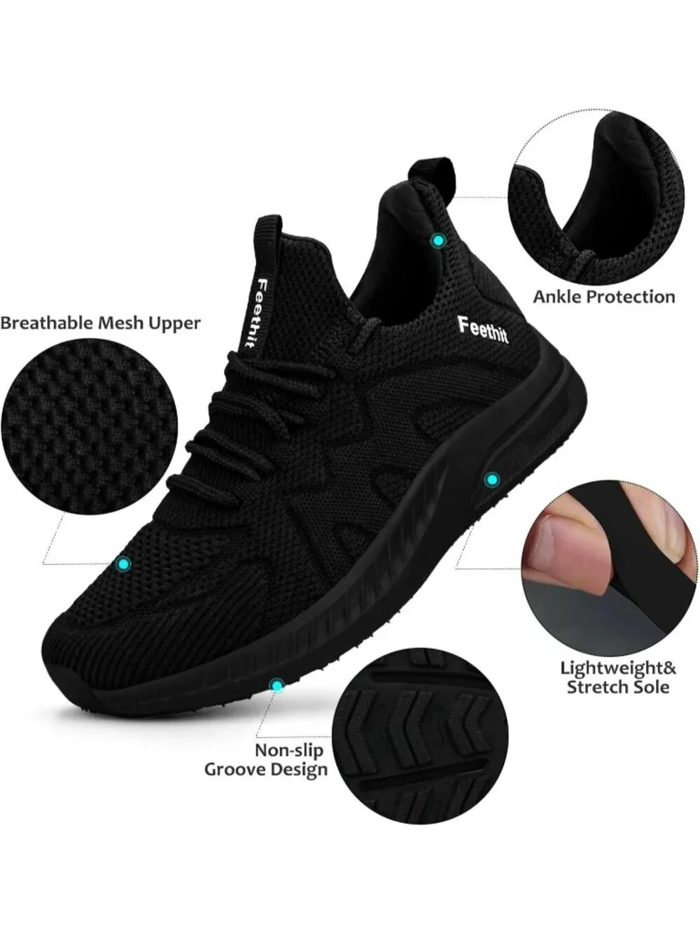 Women's Black Running Shoes Tennis Walking Shoes Slip on Sneakers Gym Shoes